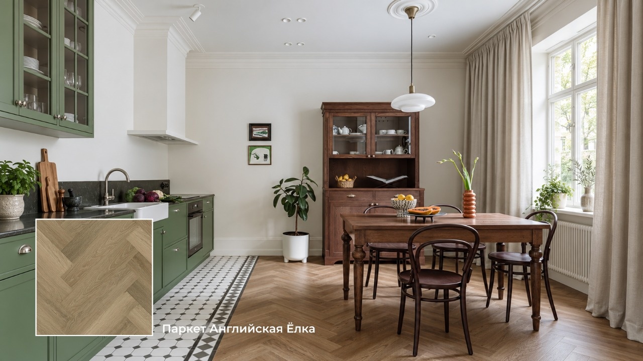 Уютная кухня-столовая с зелёными фасадами, деревянной мебелью и кварцевым ламинатом в раскладке «Английская ёлка»